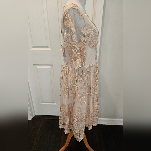 Adrianna Papell Size 12 Blush gold mesh embroidered short illusion dress New Tag - Picture 6 of 14